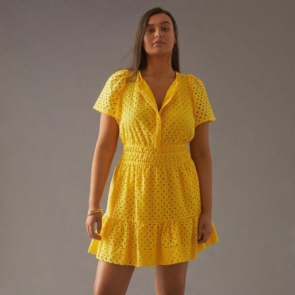 NWT Anthropologie The Somerset Mini Dress Eyelet Edition Yellow Mini - Picture 1 of 6